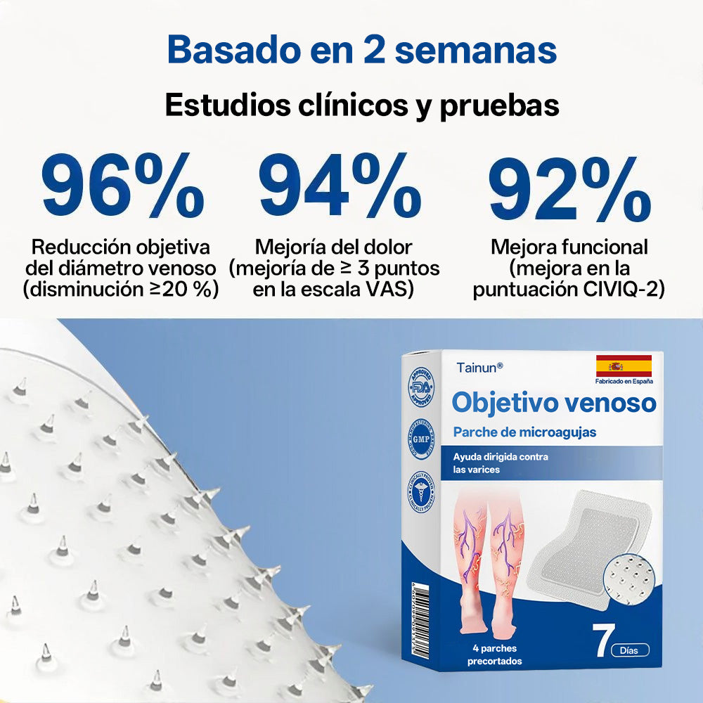 Tainun® VeinTarget Parche de Microagujas Herbal para las Venas 🌿 El primer parche de microagujas con hierbas alpinas certificado por la Unión Europea 🇪🇺 Clínicamente probado con una tasa de éxito de hasta el 96% 📊 Resultados visibles en 7–14 días 🔥