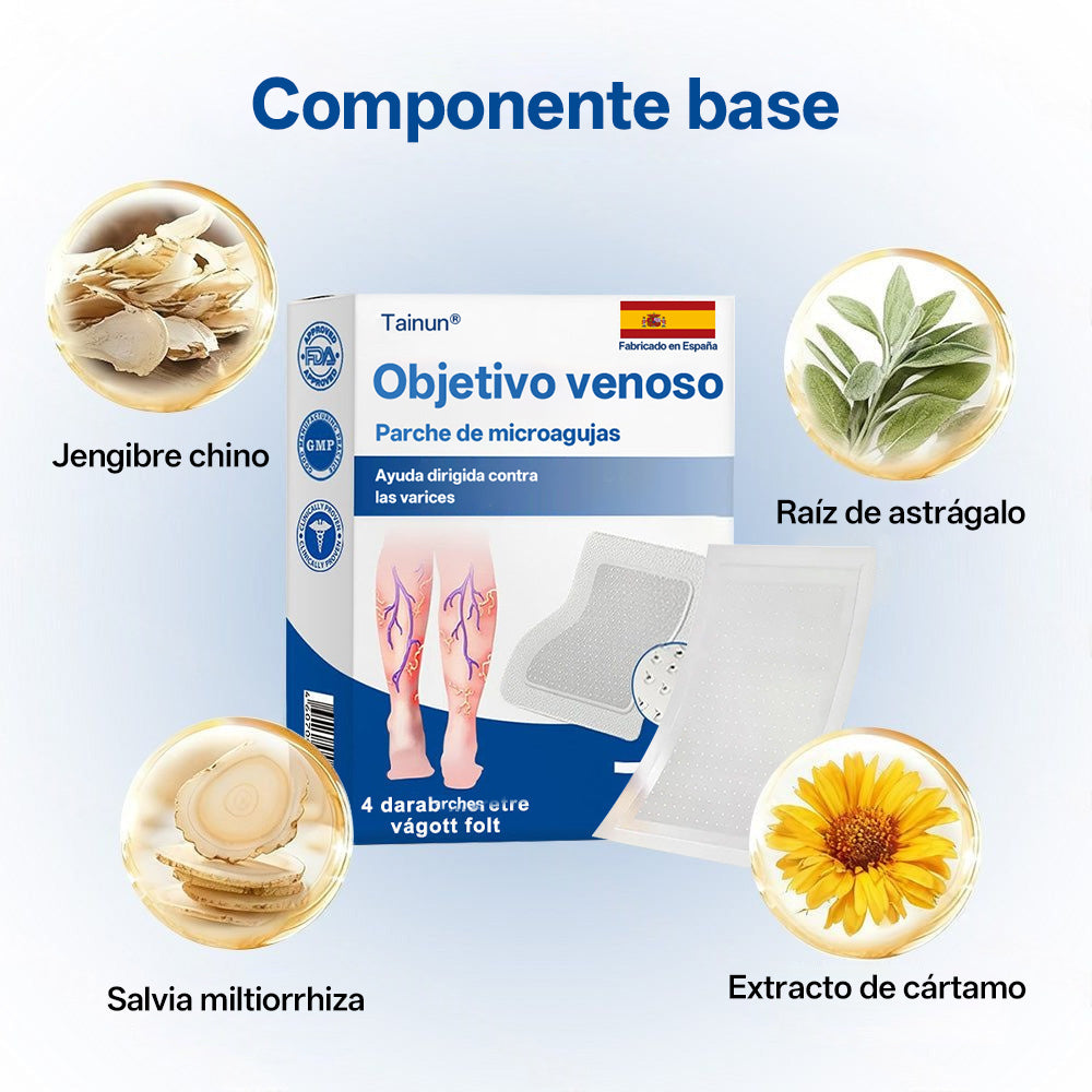 Tainun® VeinTarget Parche de Microagujas Herbal para las Venas 🌿 El primer parche de microagujas con hierbas alpinas certificado por la Unión Europea 🇪🇺 Clínicamente probado con una tasa de éxito de hasta el 96% 📊 Resultados visibles en 7–14 días 🔥